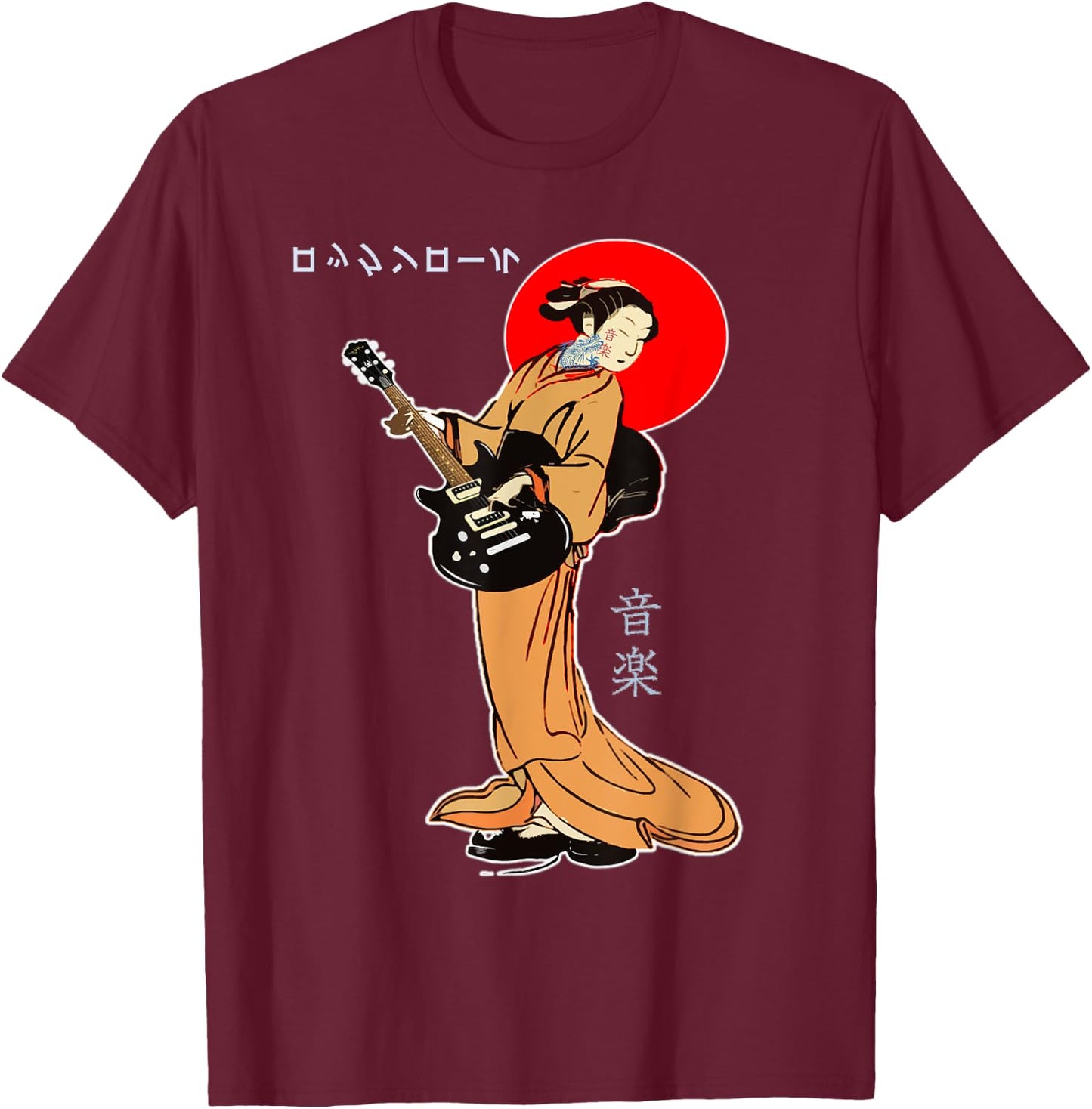 Rock And Roll Guitar Lady Japan Kimono Geisha Asian Japanese T-Shirt - T-Shirt | Maroon