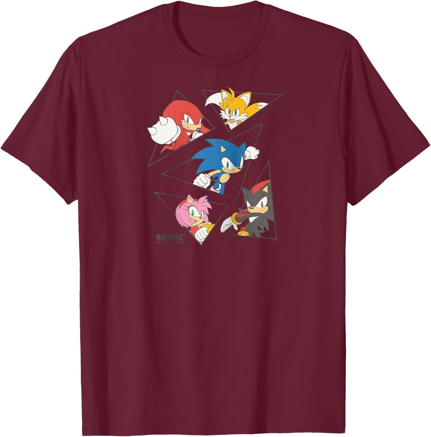 Sonic The Hedgehog Main Characters Triangle Portraits Retro Raglan Baseball T-Shirt - T-Shirt | Maroon