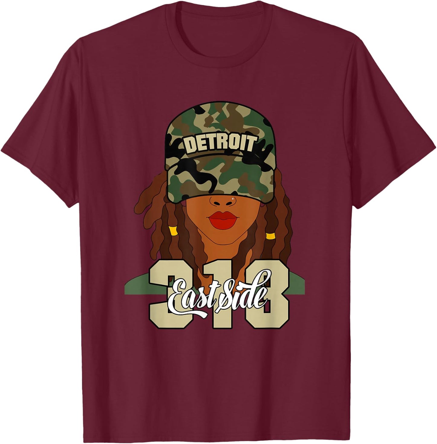Detroit 313 East Side Hood Black Woman Camo Locs T-Shirt - T-Shirt | Maroon
