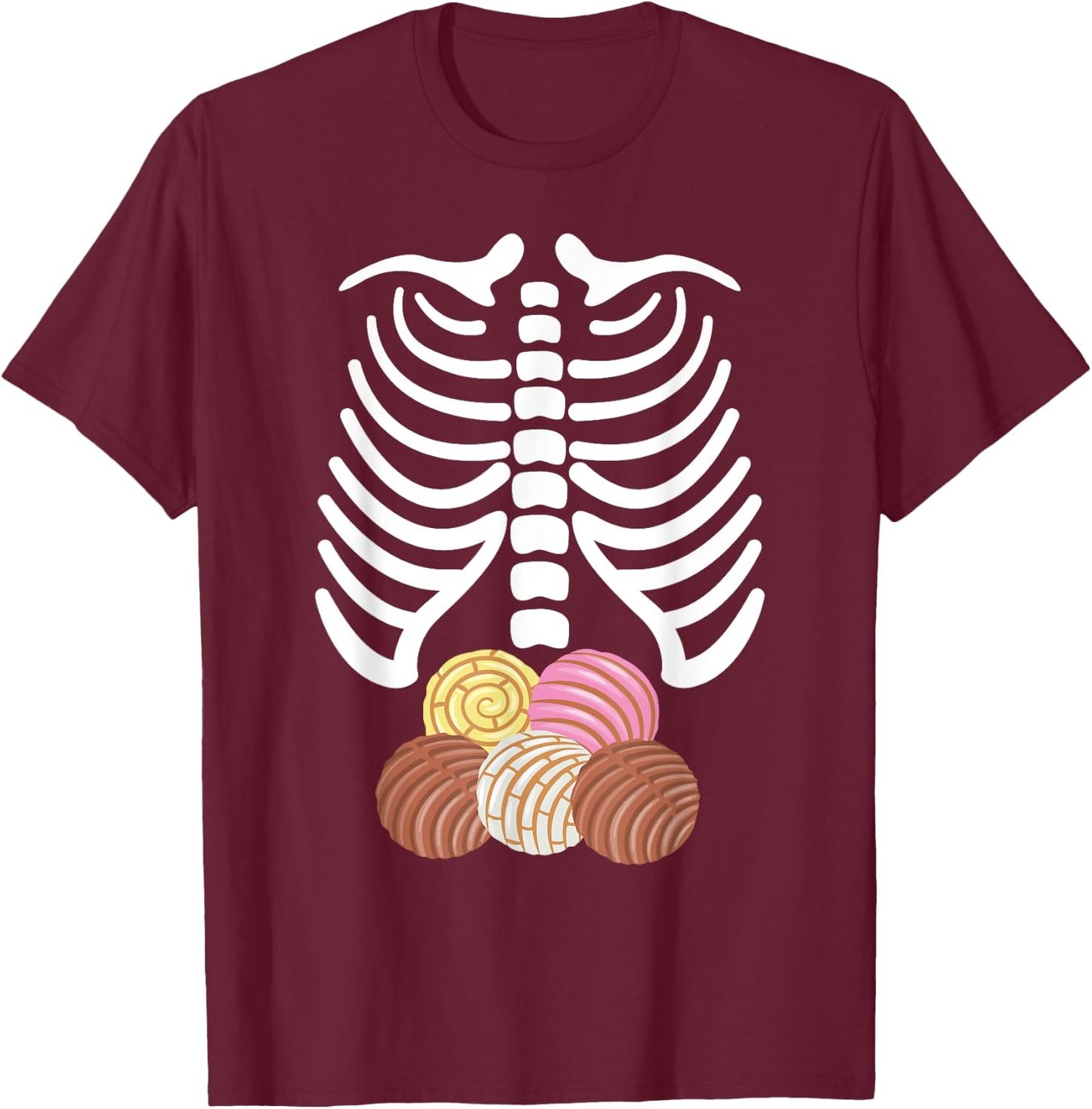 Skeleton Rib Cage with Mexican Pan Dulce Concha T-Shirt - T-Shirt | Maroon