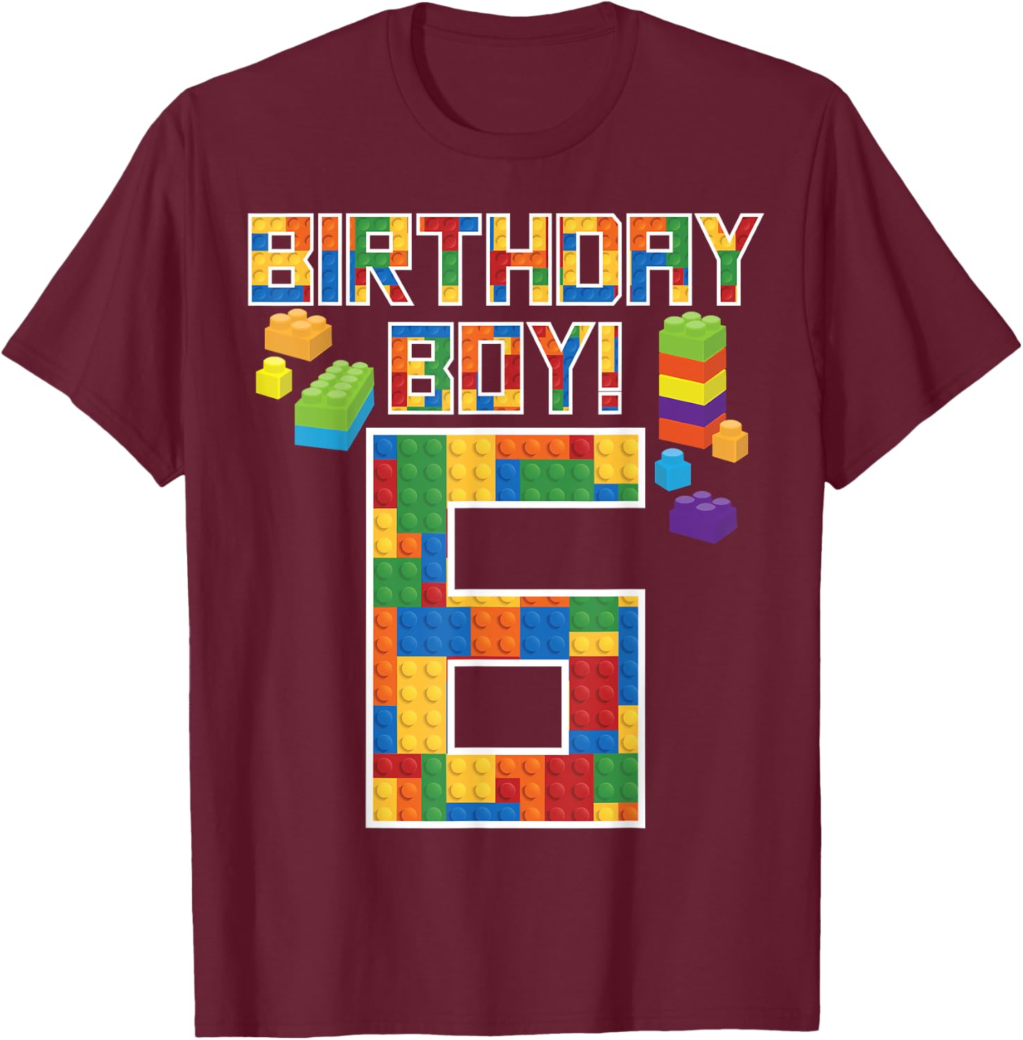 Cute 6th Birthday Gift 6 Years Old Block Building Boys Kids T-Shirt - T-Shirt | Maroon