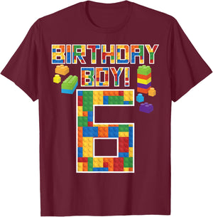 Cute 6th Birthday Gift 6 Years Old Block Building Boys Kids T-Shirt - T-Shirt | Maroon