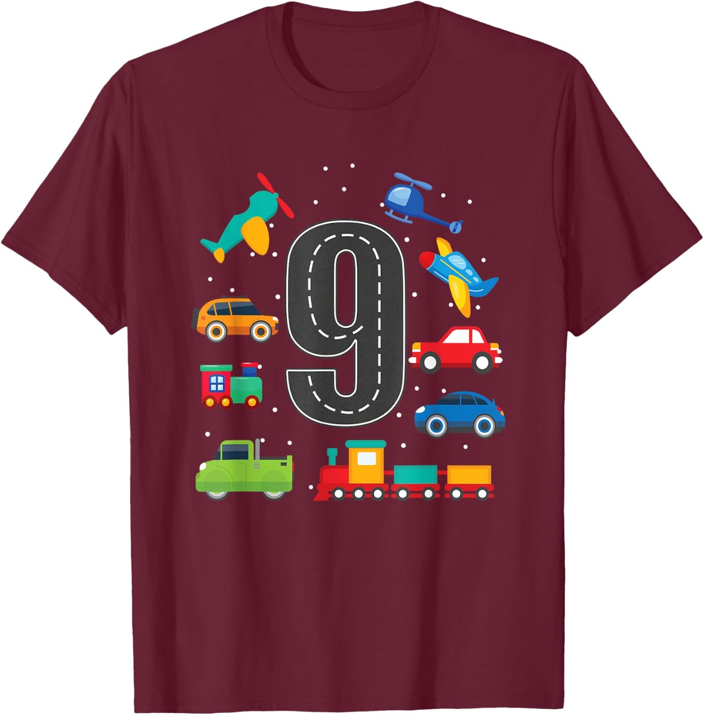 9 Year Old Transportation Birthday Boy 9th Toddler Truck Car T-Shirt - T-Shirt | Maroon