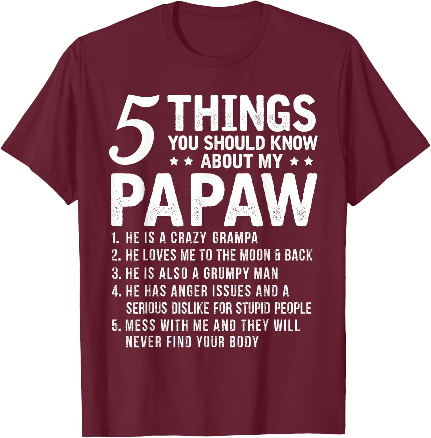 5 Things You Should Know About My Papaw Funny Grandpa T-Shirt - T-Shirt | Maroon