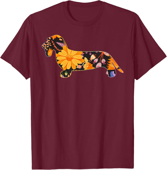 Dachshund Wire Hair Floral Flower Vintage Retro T-Shirt - T-Shirt | Maroon
