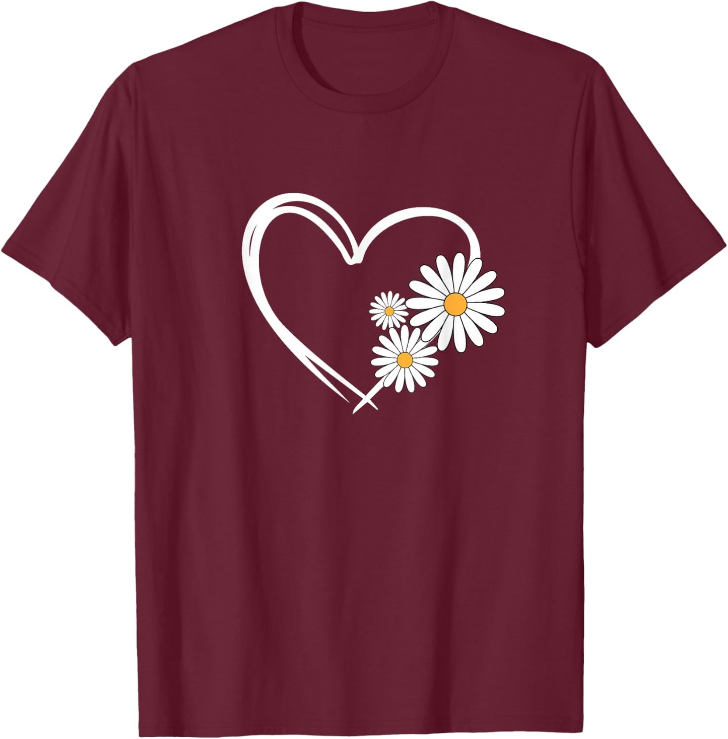 Heart With Daisy Flowers, Daisies With Heart Outline T-Shirt - T-Shirt | Maroon