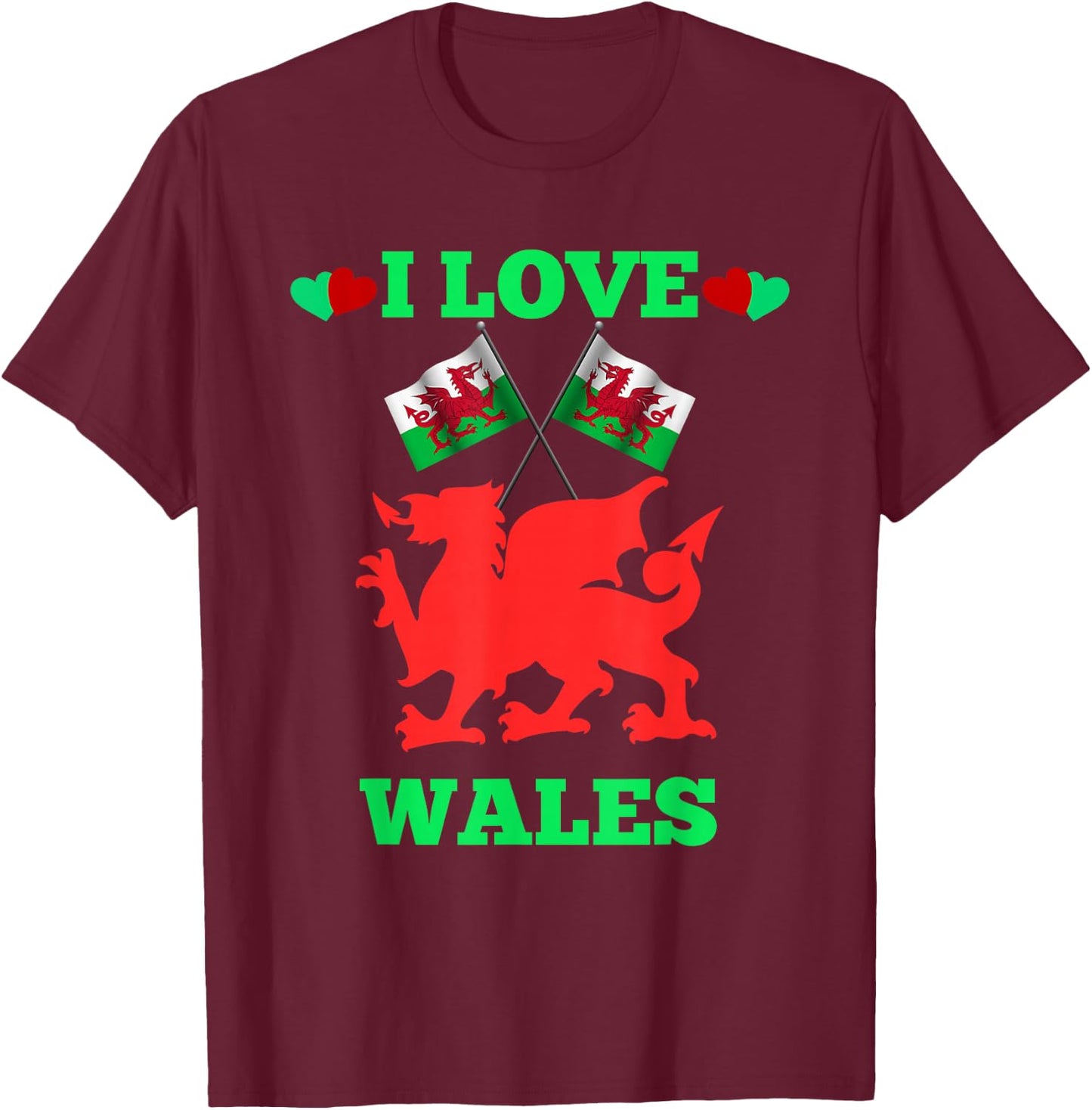 I Love Wales Flags Dragon Hearts T-Shirt - T-Shirt | Maroon