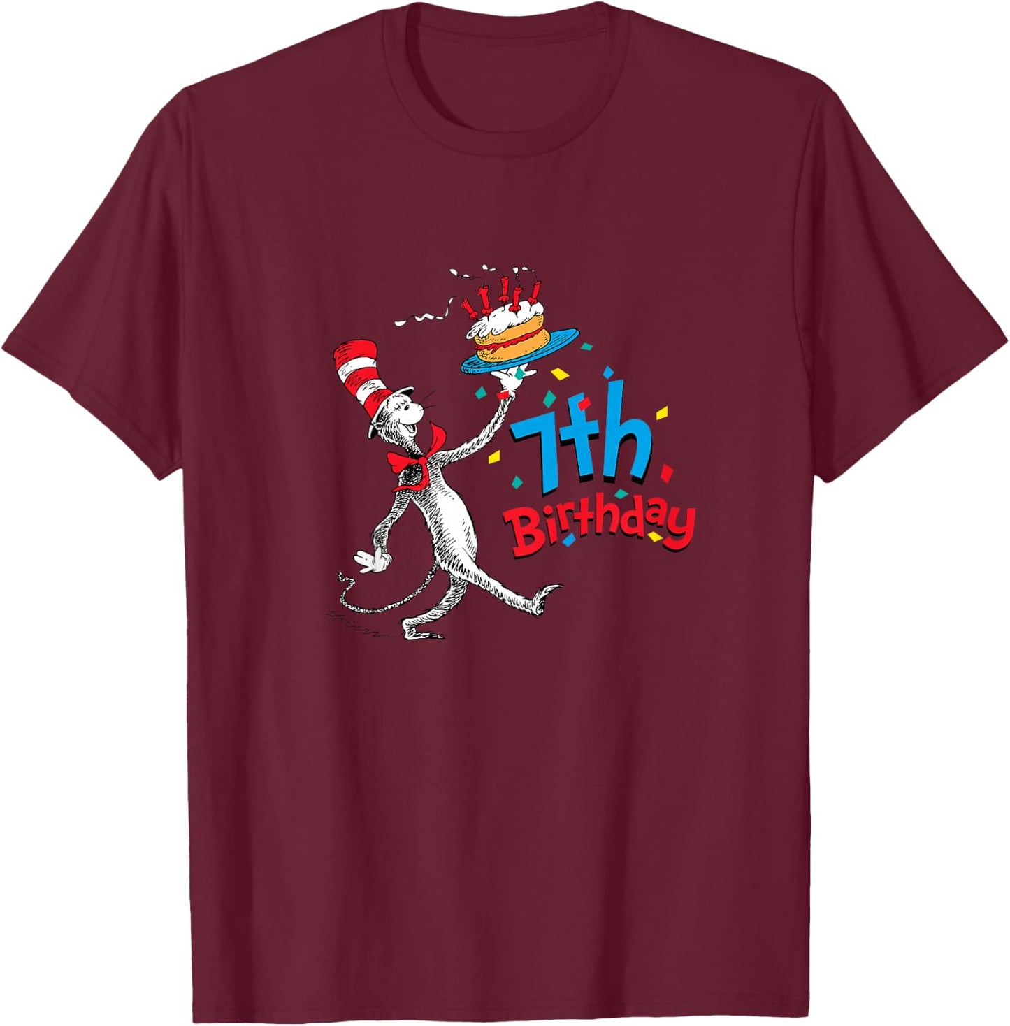 Dr. Seuss Cat in the Hat 7th Birthday T-Shirt - T-Shirt | Maroon