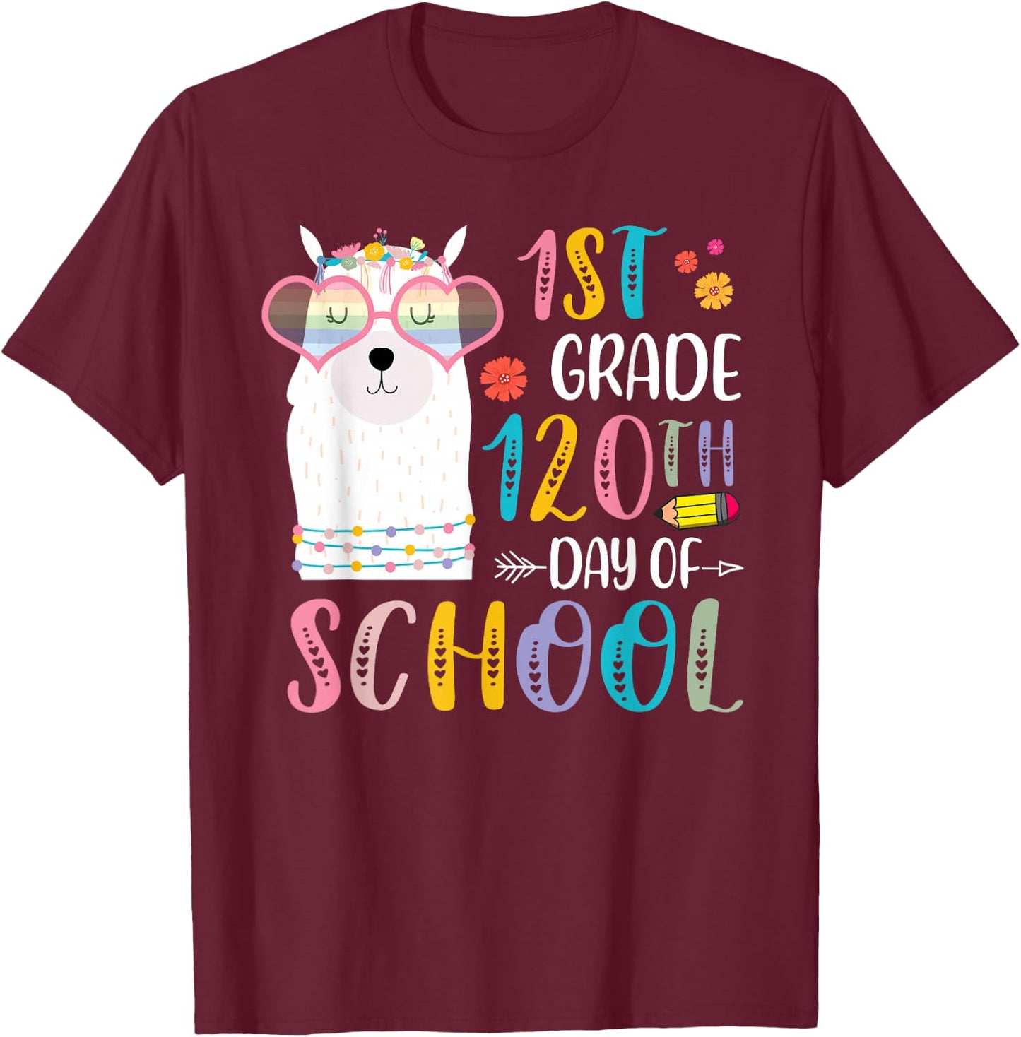 120th day of School No Prob Llama 120 Days Of 1st Grade T-Shirt - T-Shirt | Maroon