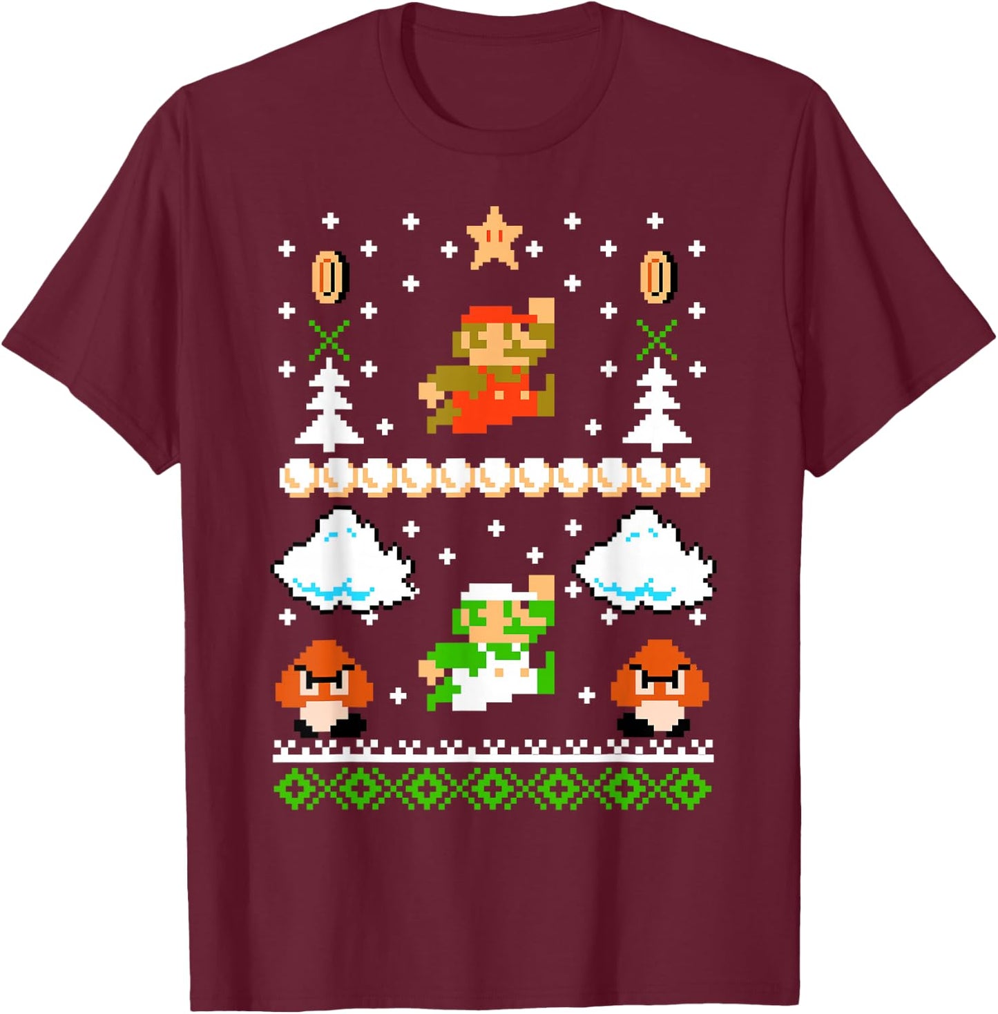 Super Mario Mario Goomba Ugly Christmas Sweater T-Shirt - T-Shirt | Maroon