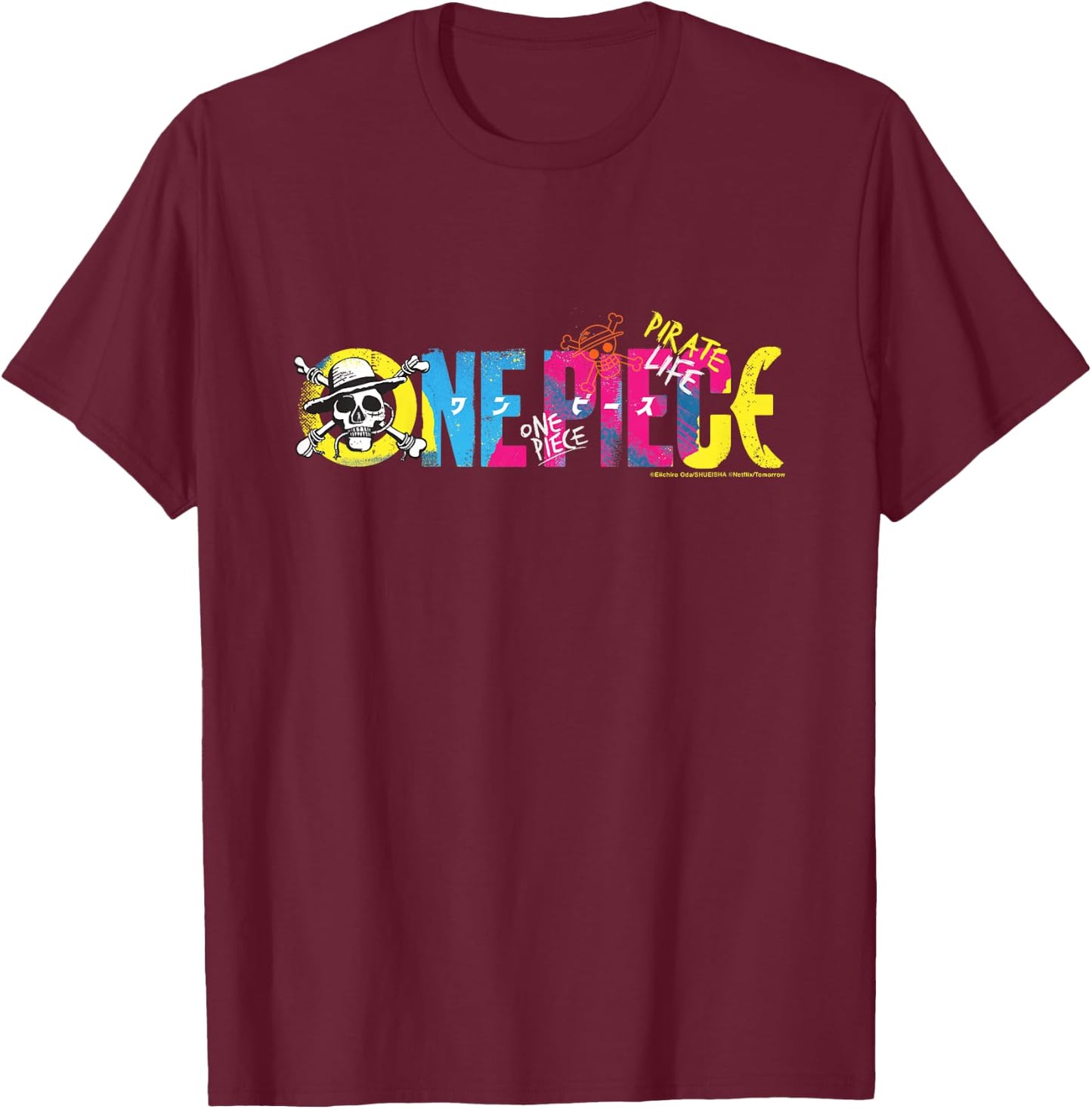 Children's One Piece Anime Pirate Life Straw Hat Pirate Logo Children's , black T-Shirt - T-Shirt | Maroon