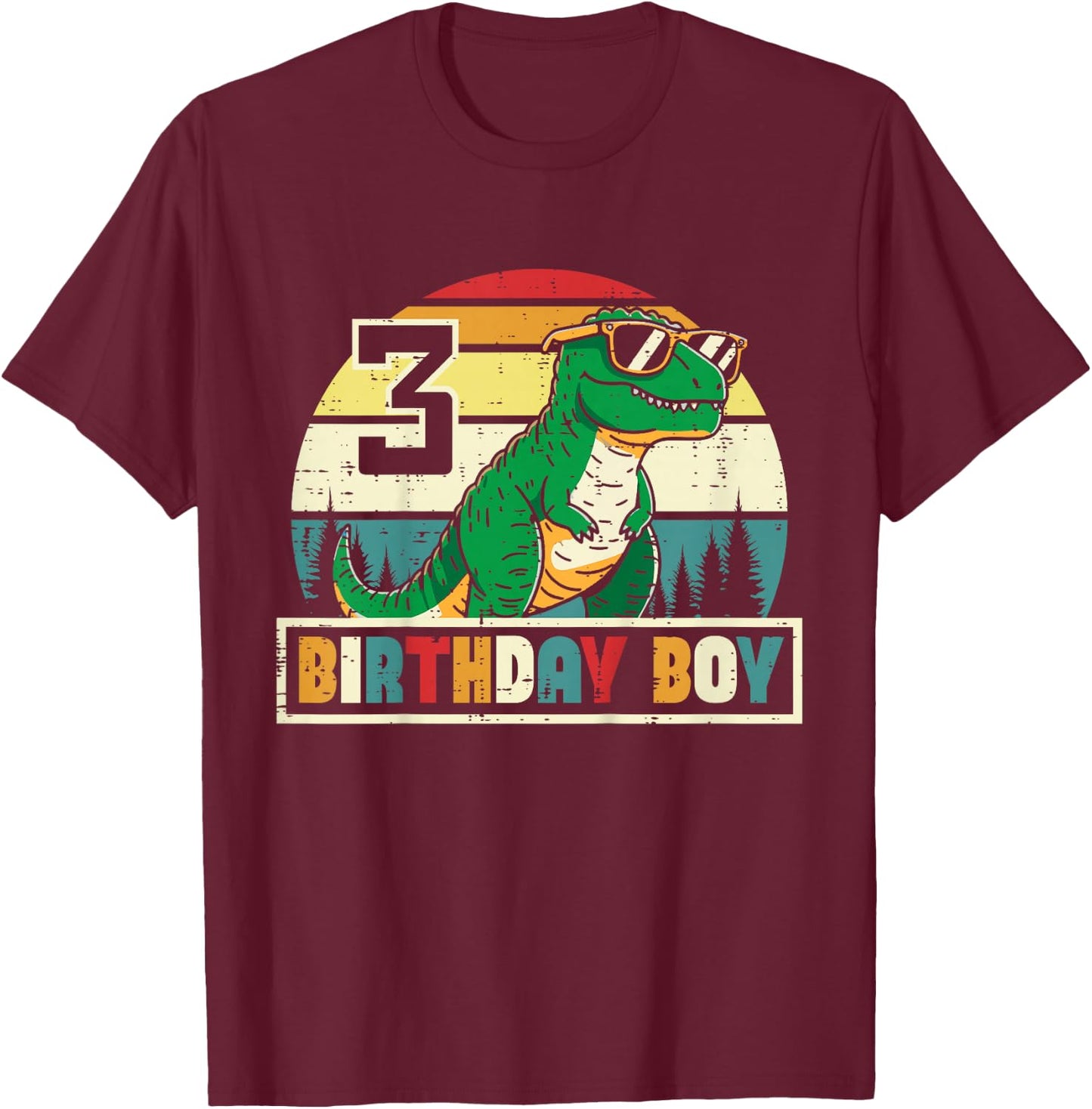 Kids 3 Birthday Boy Dino Trex Retro 3rd Bday Three Year Boys Kids T-Shirt - T-Shirt | Maroon