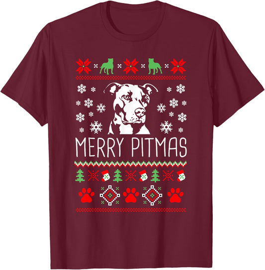 Pitbull Lovers Merry Pitmas Ugly Christmas Theme T-Shirt - T-Shirt | Maroon