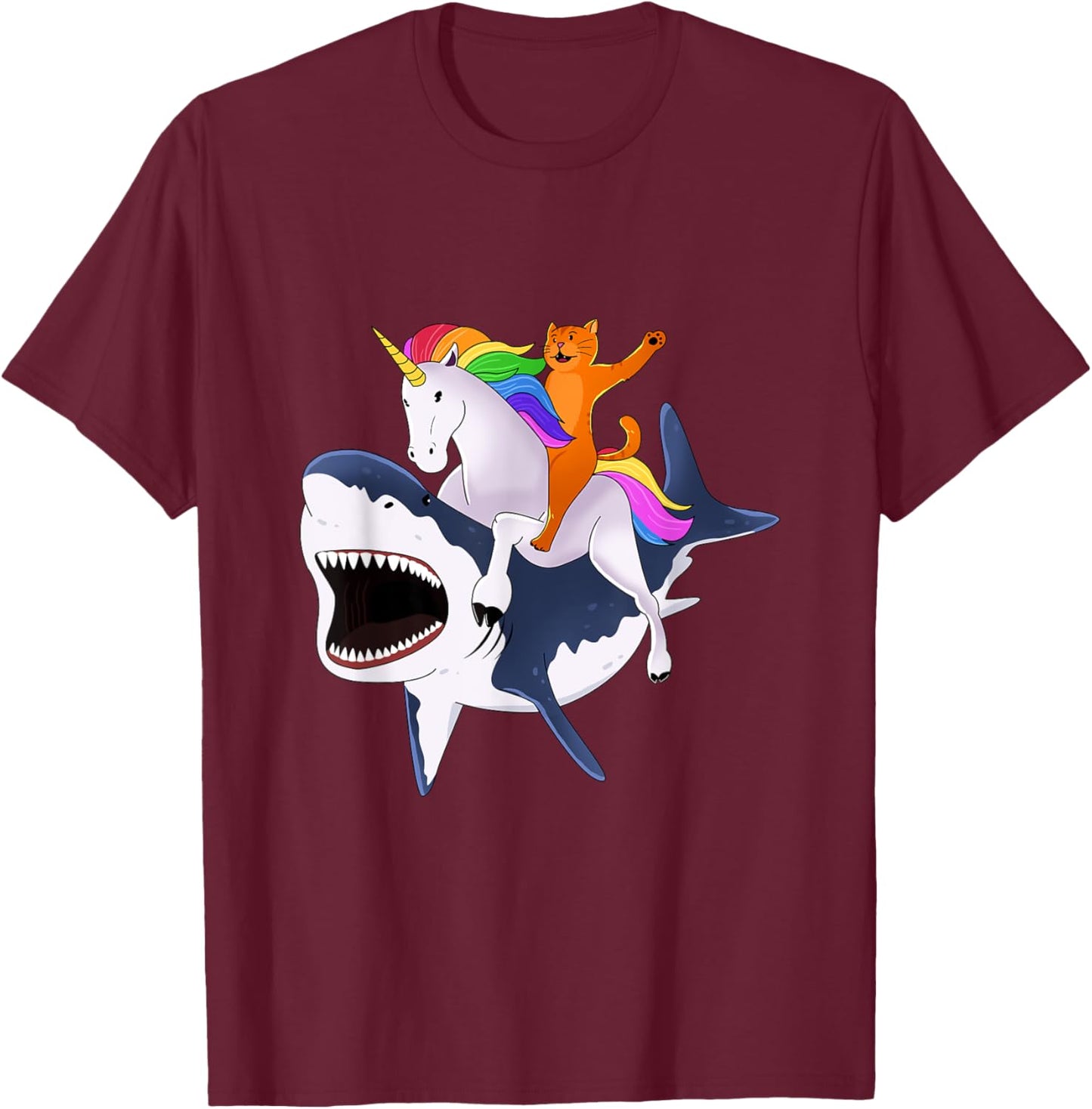 Cat Riding Unicorn Riding Shark Gift Women Girls Kids T-Shirt - T-Shirt | Maroon