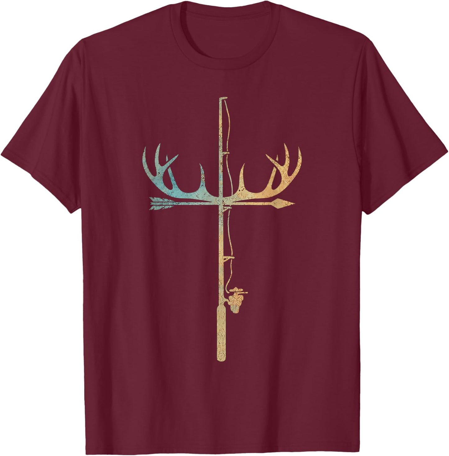 Antler Fishing Rod Cross God Family Hunting Fishing T-Shirt - T-Shirt | Maroon