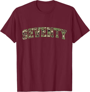 Camo 70th Birthday Camourflage Varsity Text 70 Year Old T-Shirt - T-Shirt | Maroon