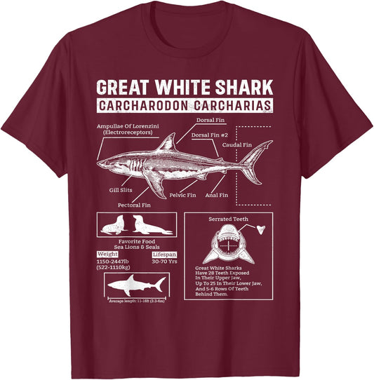 Vintage Great White Shark Anatomy Lover Marine Biologist T-Shirt - T-Shirt | Maroon