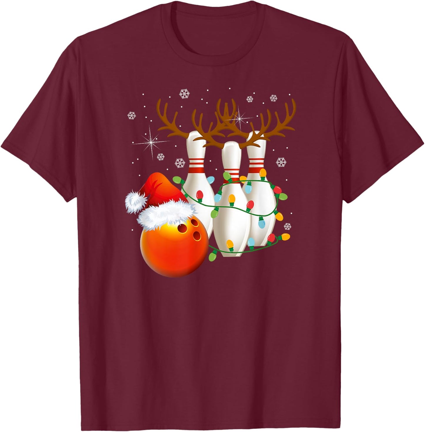 Bowling Gifts Christmas Bowling Santa Hat Christmas Lights T-Shirt - T-Shirt | Maroon