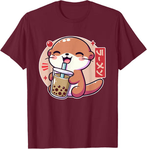 Cute Anime Otter Boba Kawaii Japanese Funny Tea Bubble Otter T-Shirt - T-Shirt | Maroon