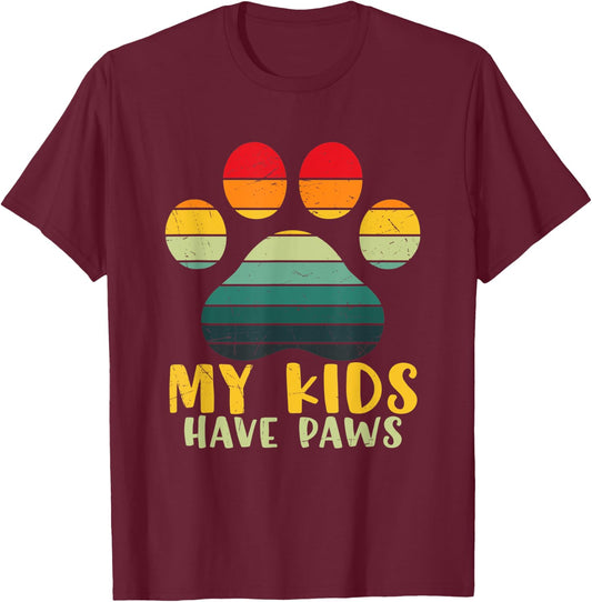 My Kids Have Paws Cute Retro Vintage Sunset Paw Print Design T-Shirt - T-Shirt | Maroon