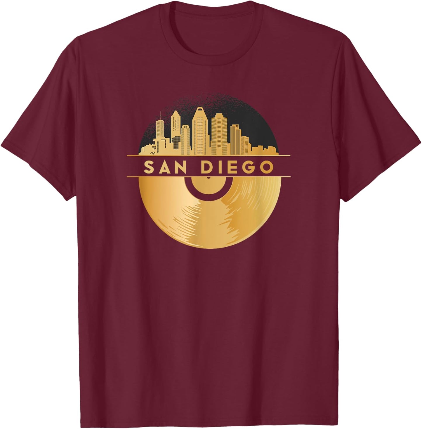 Vinyl-Record-Player Disco-Music Skyline-San-Diego T-Shirt - T-Shirt | Maroon
