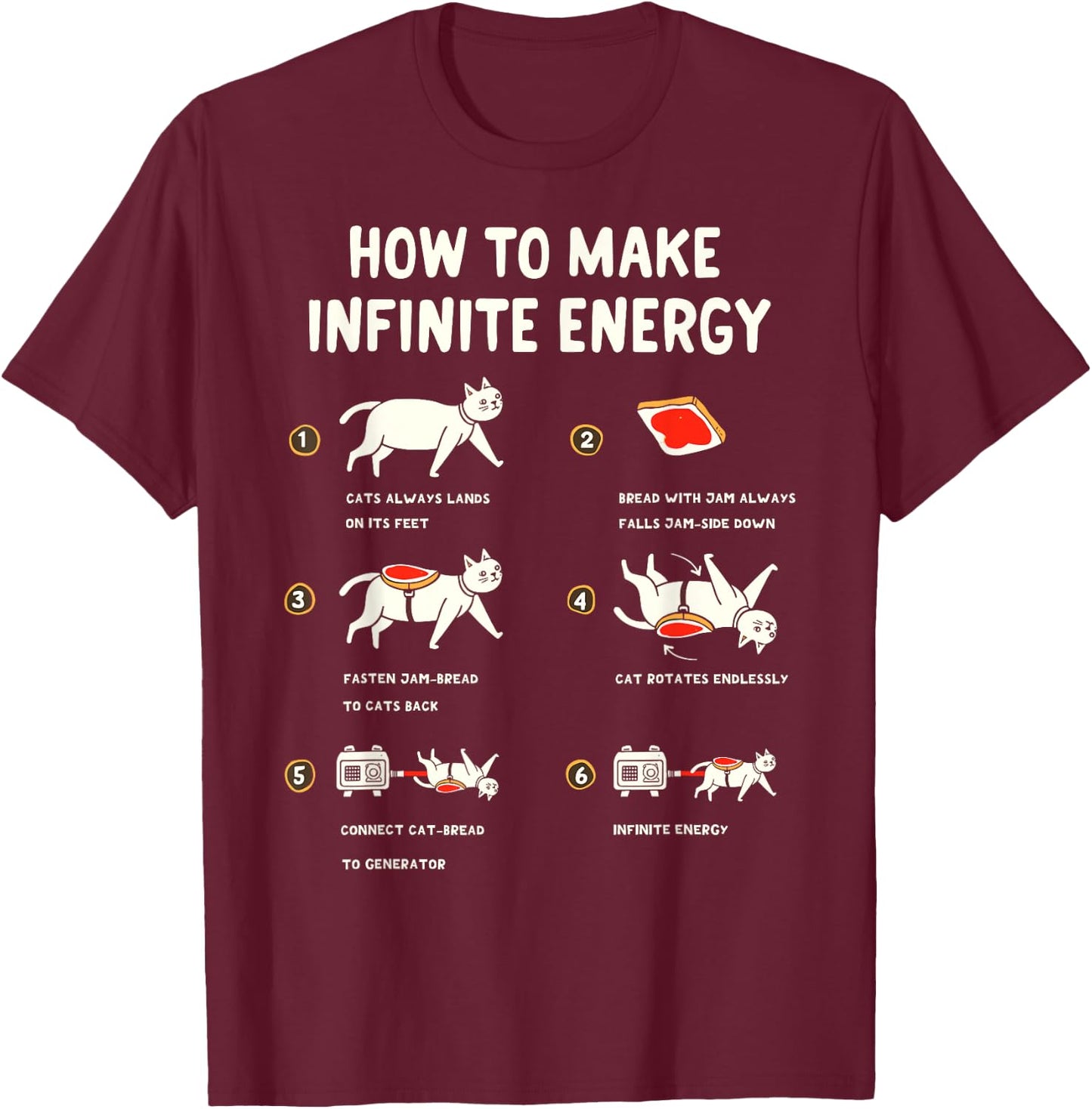 Cat Infinite Energy Funny Science Meme Cats & Buttered Toast T-Shirt - T-Shirt | Maroon