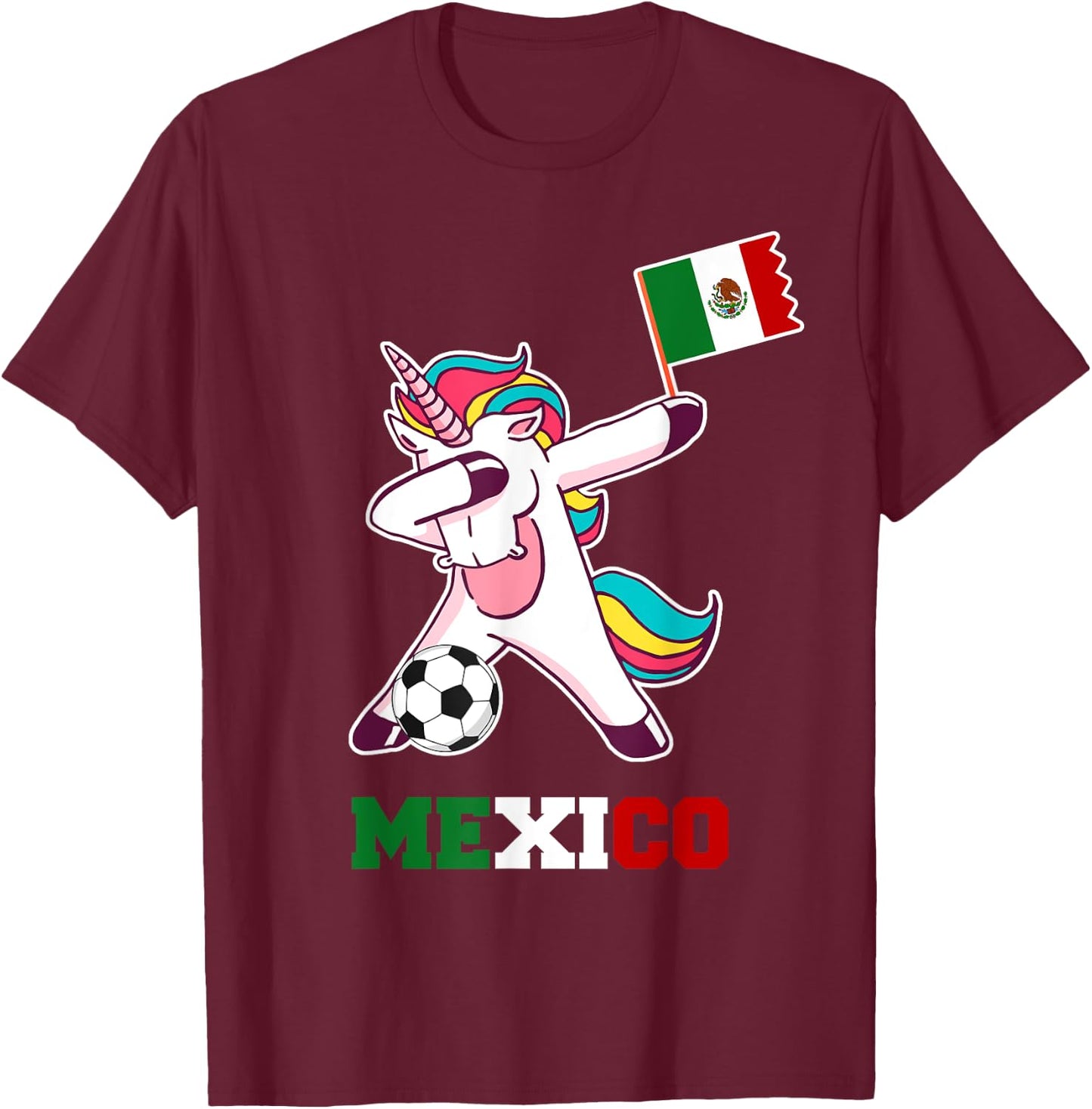 Mexico Soccer Shirt Dabbing Unicorn Mexican Flag T-Shirt - T-Shirt | Maroon