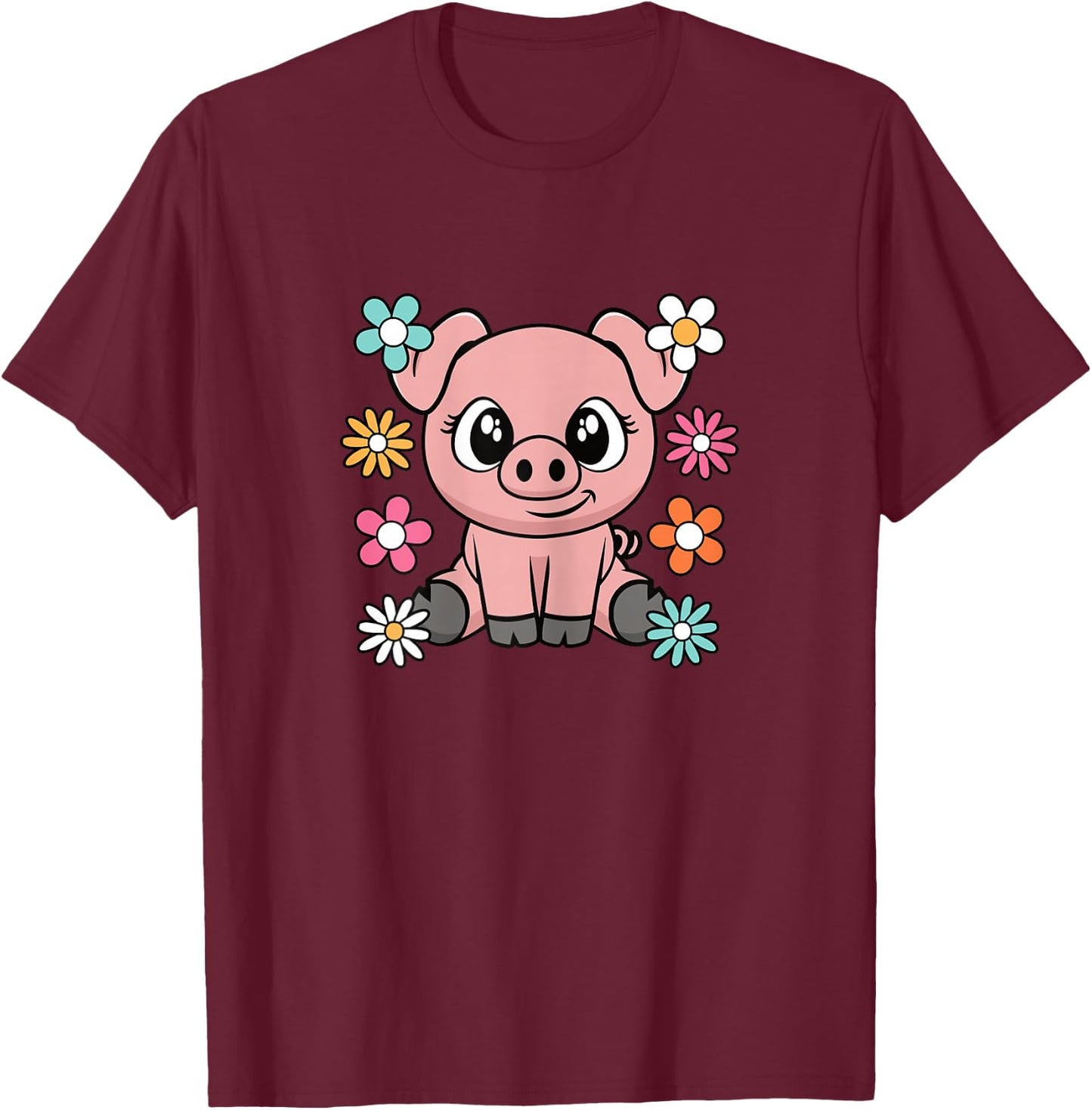 Cute Pig Lover Groovy Piglet Flower Women Girls Kids T-Shirt - T-Shirt | Maroon
