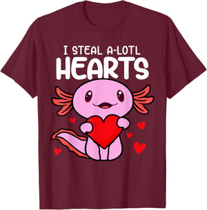 Valentines Day I Steal A-lotl Hearts Axolotl Love Boys Kids T-Shirt - T-Shirt | Maroon