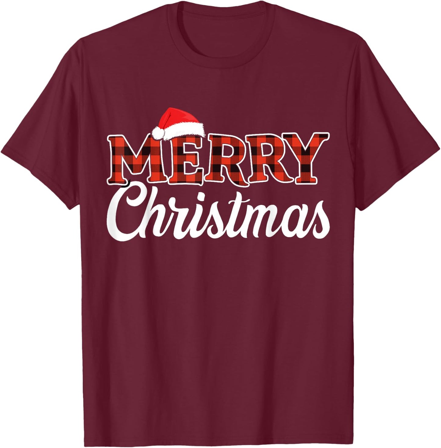 Merry christmas santa hat for holiday family buffalo plaid T-Shirt - T-Shirt | Maroon