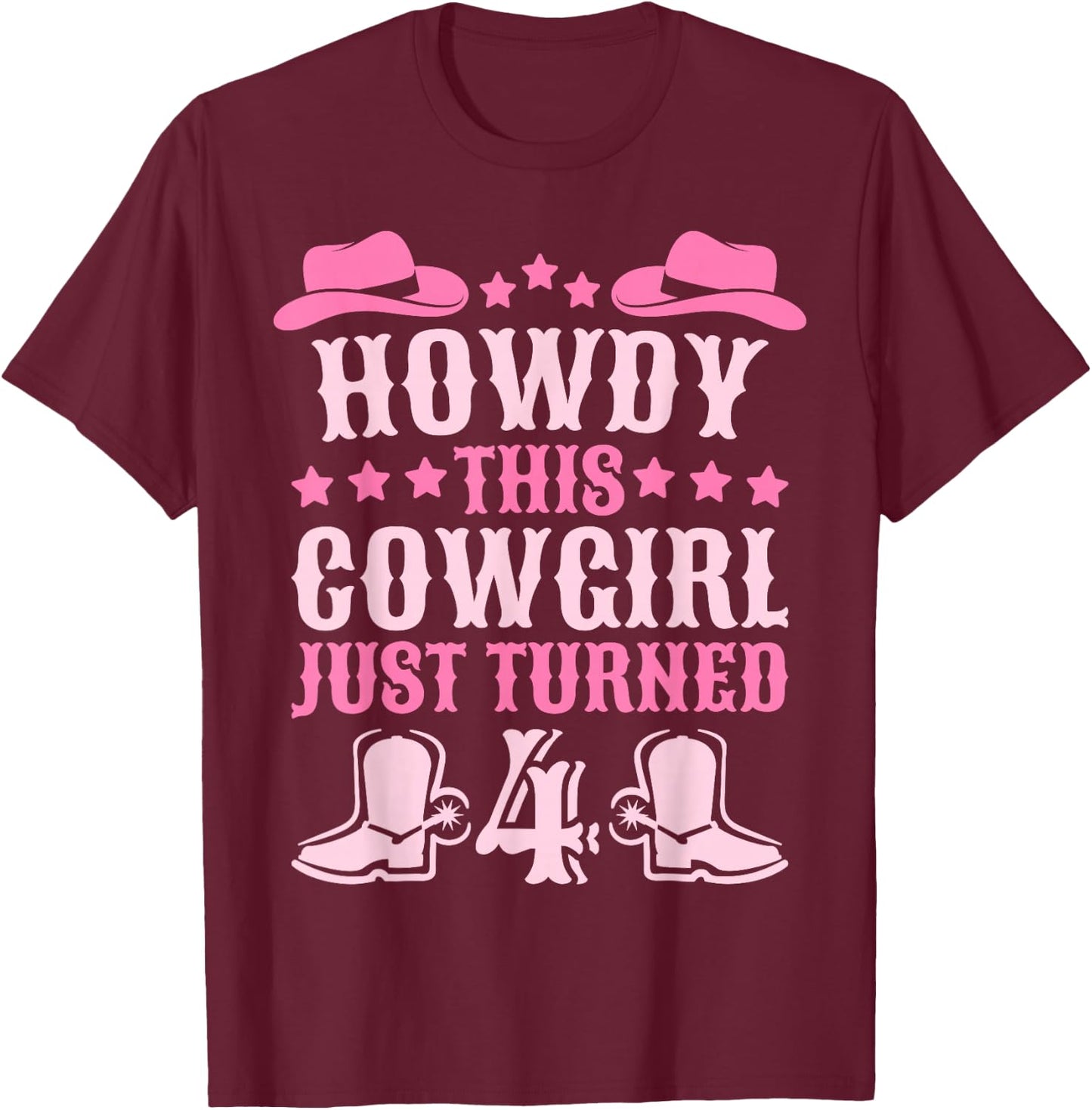 4yr Birthday Cowgirl Western 4 Year Old Girl 4th Birthday T-Shirt - T-Shirt | Maroon