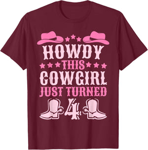 4yr Birthday Cowgirl Western 4 Year Old Girl 4th Birthday T-Shirt - T-Shirt | Maroon