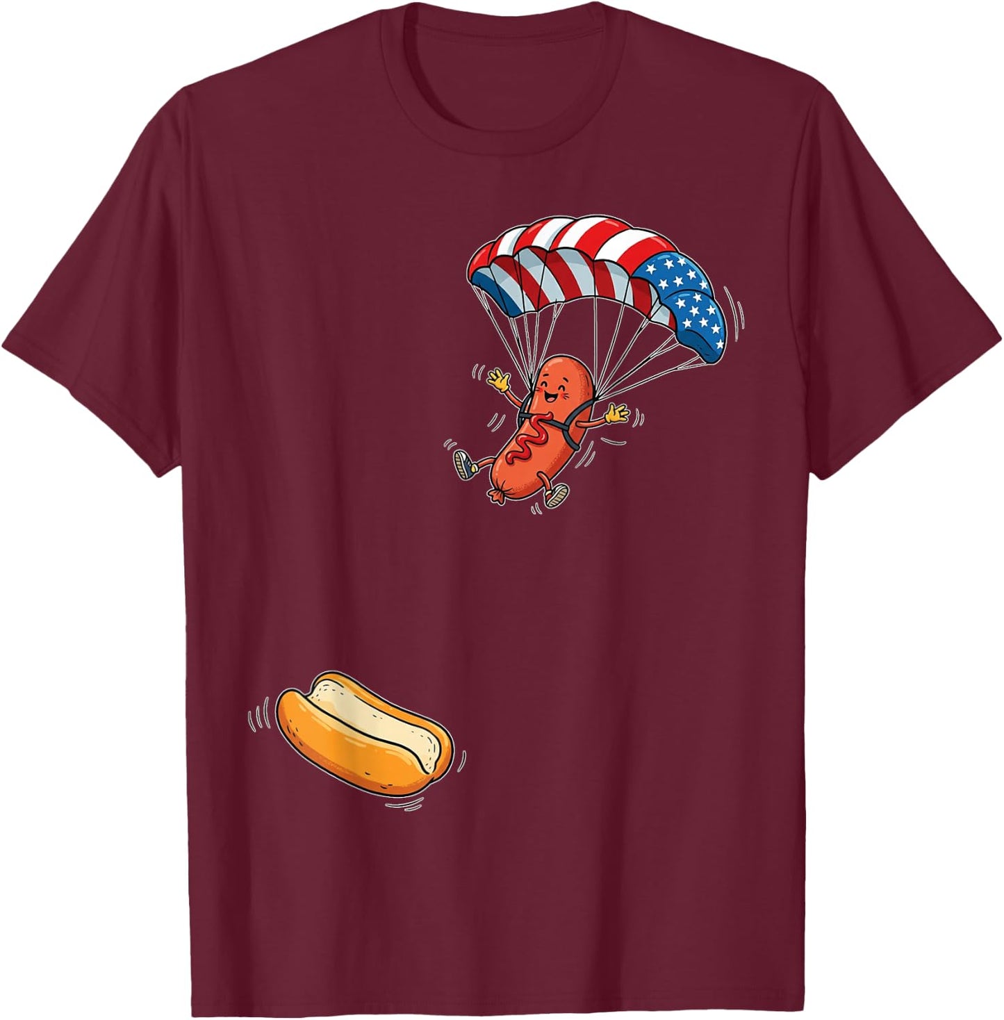 Funny Hot Dog Jumping Into Bun Sausage BBQ Skydiving USA T-Shirt - T-Shirt | Maroon