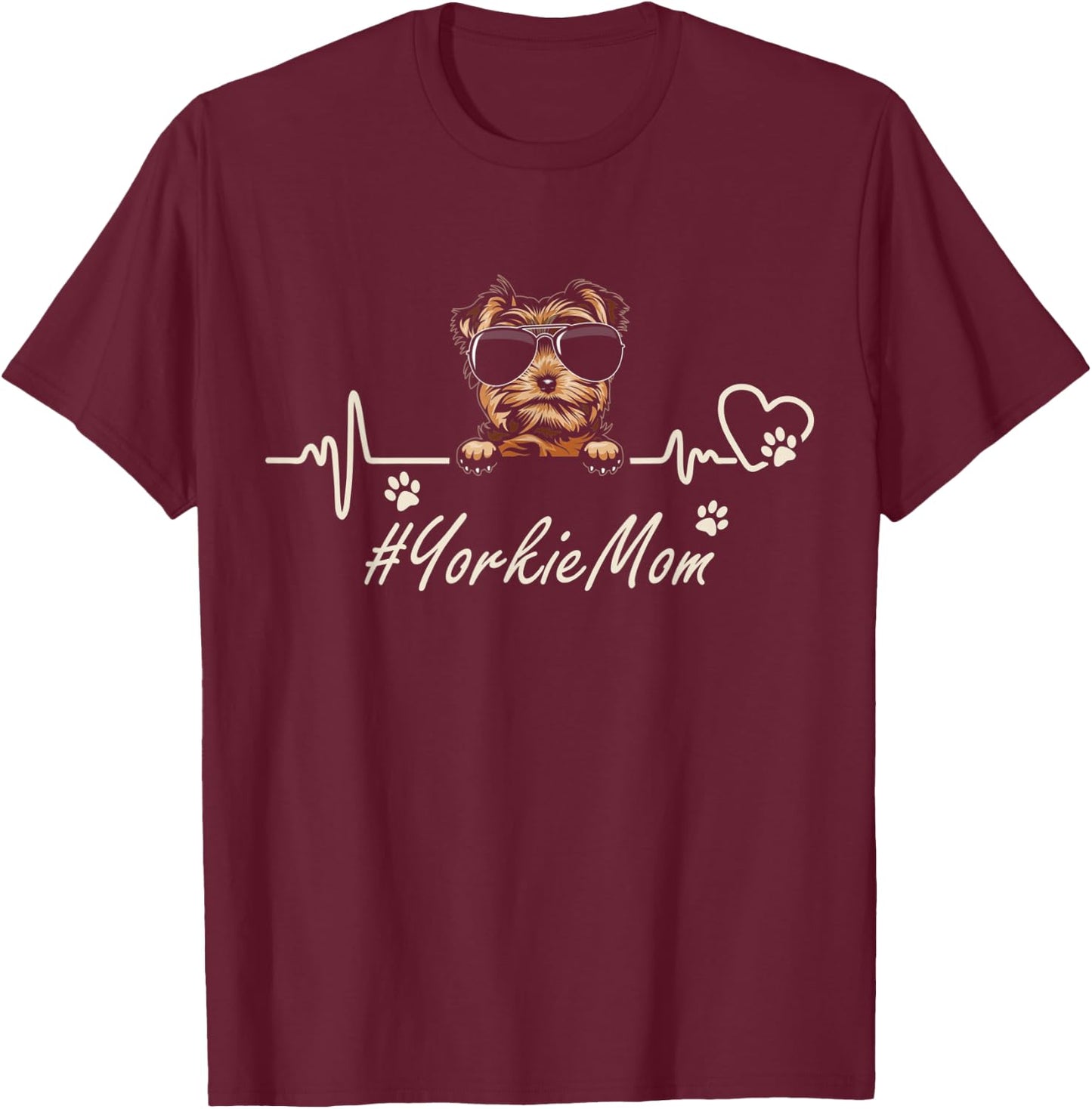 Yorkie Mom Heartbeat With Dog Cool For Mothers Day Men Women Kids T-Shirt - T-Shirt | Maroon