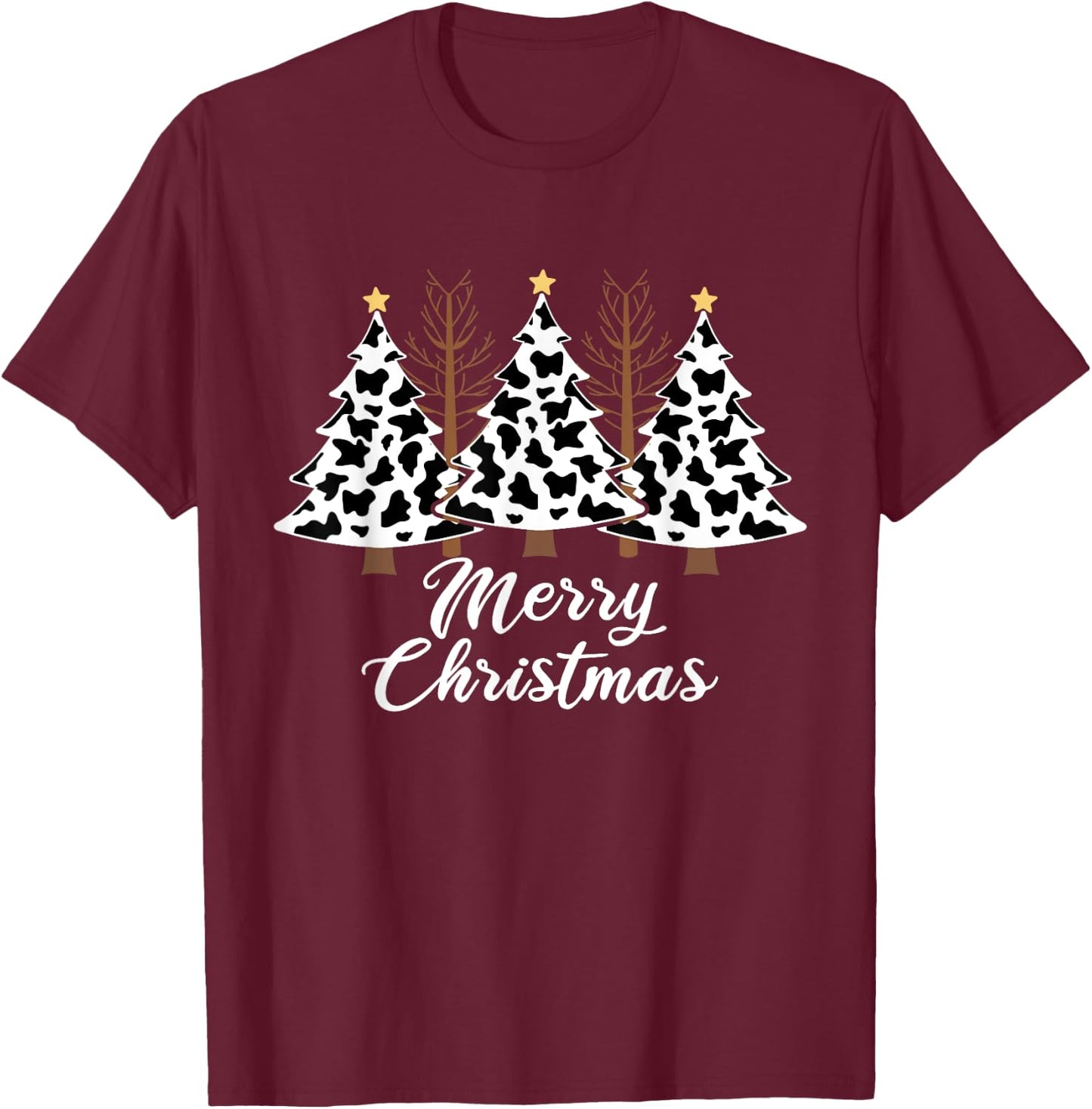 Merry Christmas Tree Cow Print Xmas T-Shirt - T-Shirt | Maroon