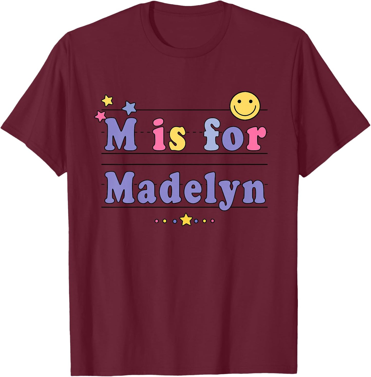 Kids Madelyn Name Shirt Alphabet M is for Madelyn T-Shirt - T-Shirt | Maroon