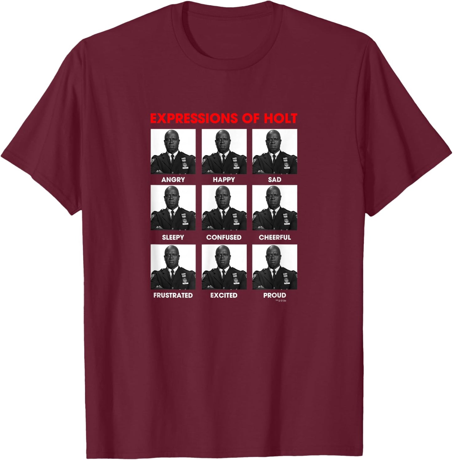 NBC Brooklyn Nine-Nine Expressions of Holt für Jungen - Schwarz, Kurzarm, , , Größe S T-Shirt - T-Shirt | Maroon