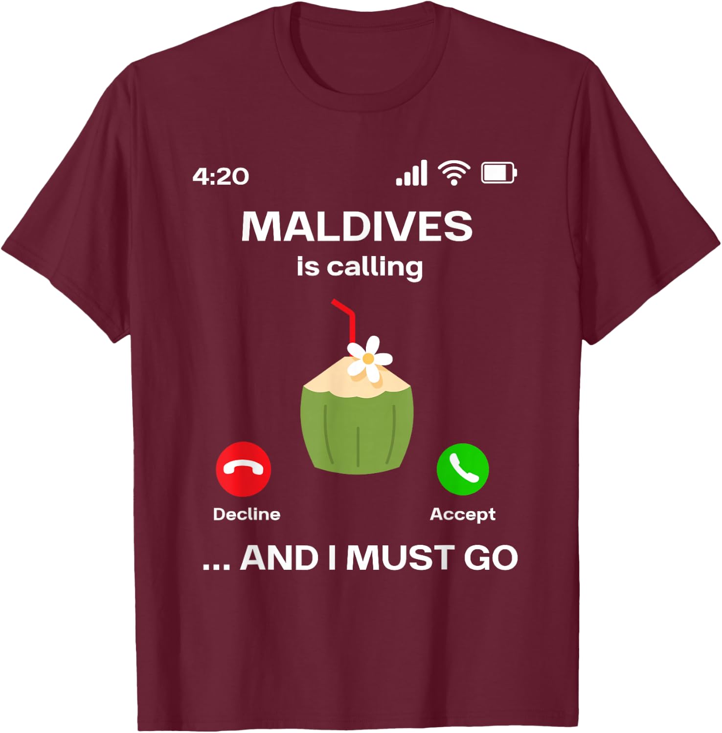 with German Text "Die Maldiven Rufen und ich muss Urlaub machen Maldives", black T-Shirt - T-Shirt | Maroon