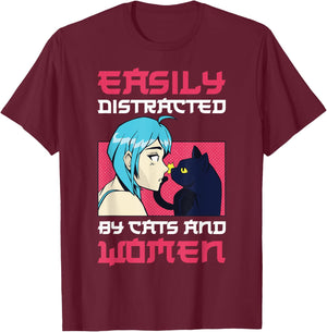 Easily Distracted By Cats And Women Lesbian T-Shirt - T-Shirt | Maroon