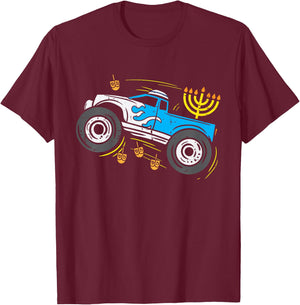 Kids Monster Truck Menorah Dreidel Toddler Boys Hanukkah Kids T-Shirt - T-Shirt | Maroon