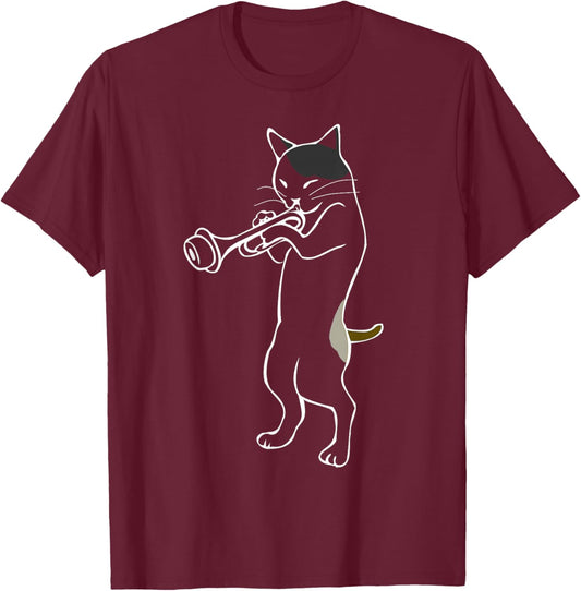 Jazz Cat | Cat Playing Trumpet T-Shirt - T-Shirt | Maroon