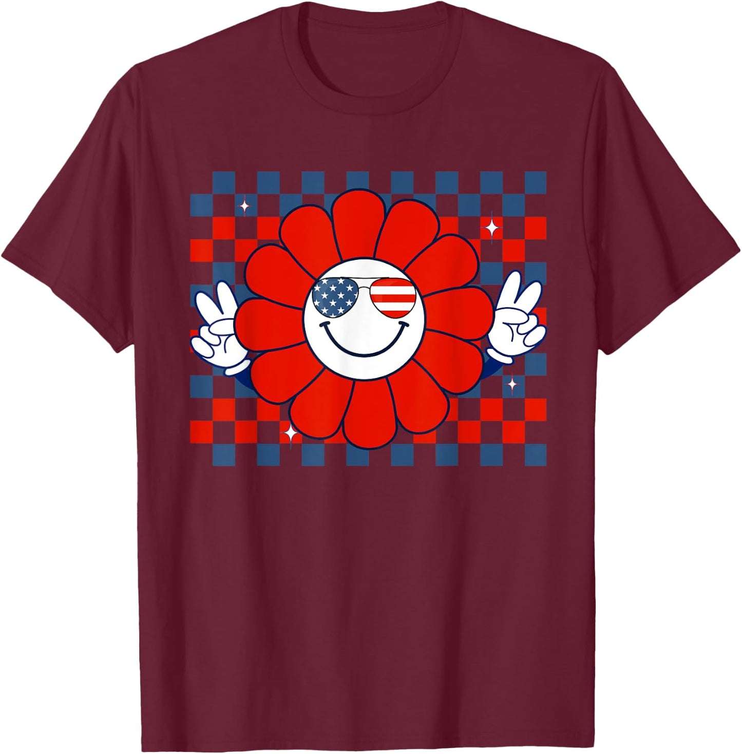 Retro Groovy Fourth 4th of July Smile Checkered Sunglasses T-Shirt - T-Shirt | Maroon