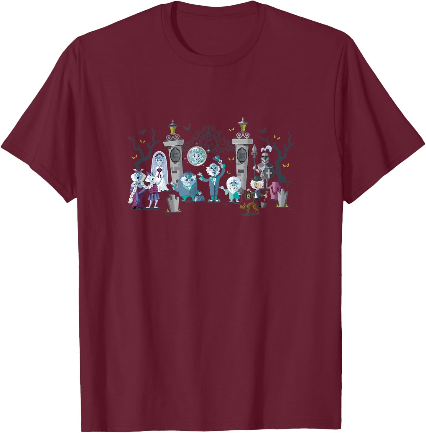 The Haunted Mansion Iconic Characters At Mansion's Entrance T-Shirt - T-Shirt | Maroon
