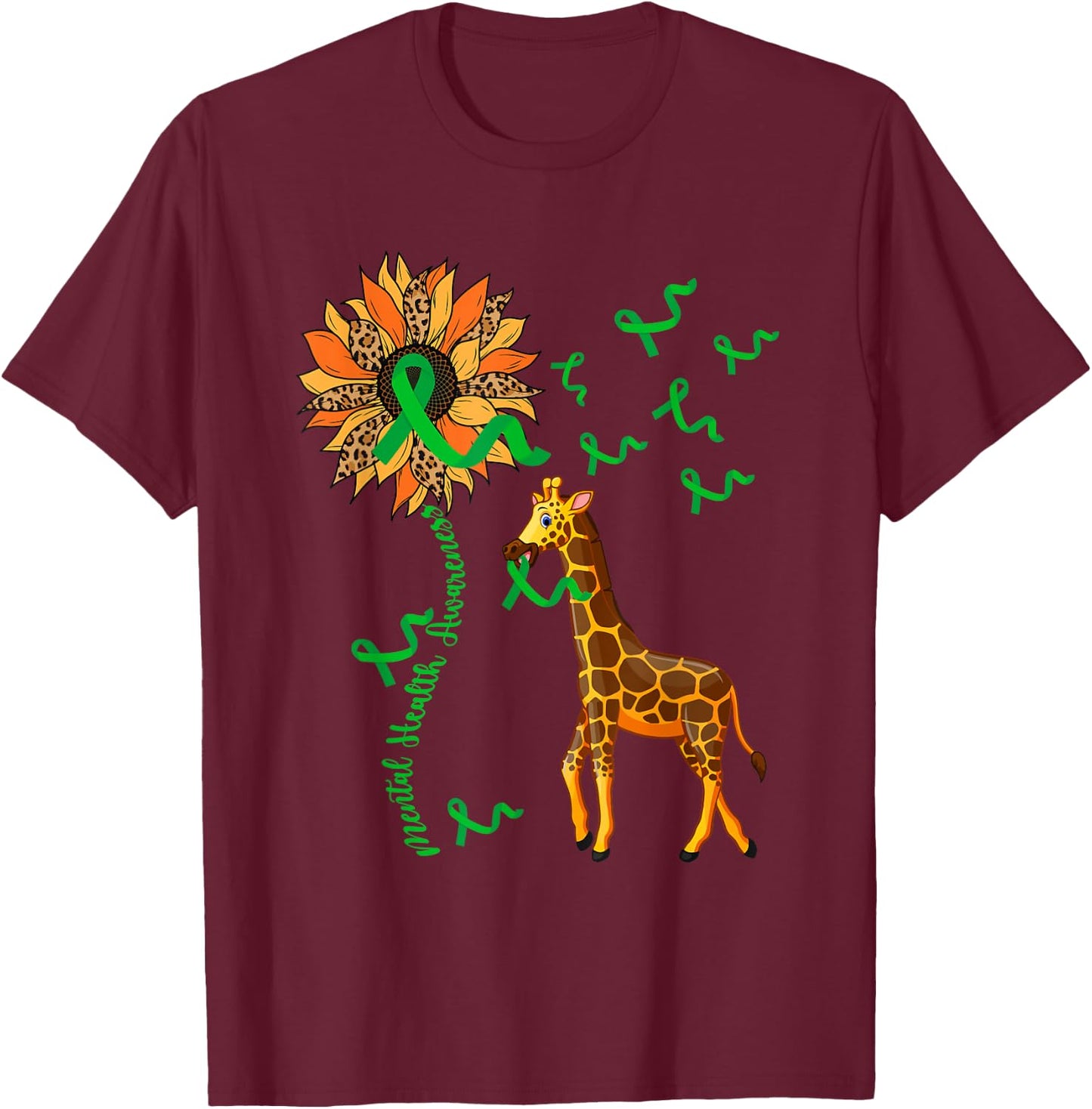Mental Health Awareness Giraffe Holding Green Ribbons Lover T-Shirt - T-Shirt | Maroon
