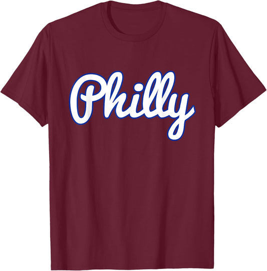 Script Philly White Blue Logo Philadelphia PA T-Shirt - T-Shirt | Maroon