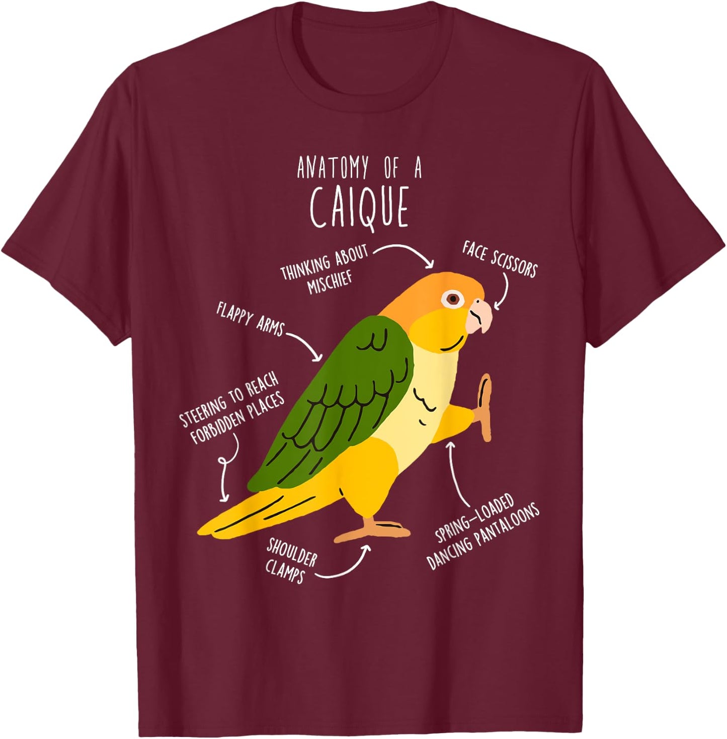 White-bellied Caique Parrot Anatomy, Funny Cute Pet Bird Mom T-Shirt - T-Shirt | Maroon
