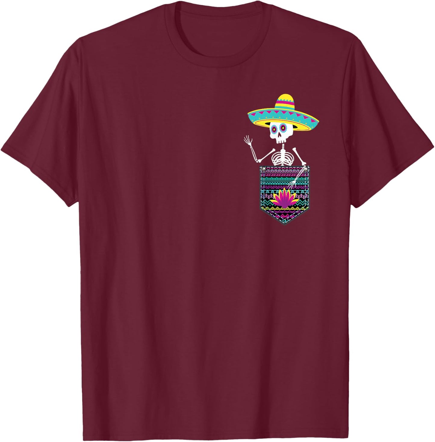 Let's Fiesta Skeleton Pocket Dia de Muertos Mexican Party T-Shirt - T-Shirt | Maroon