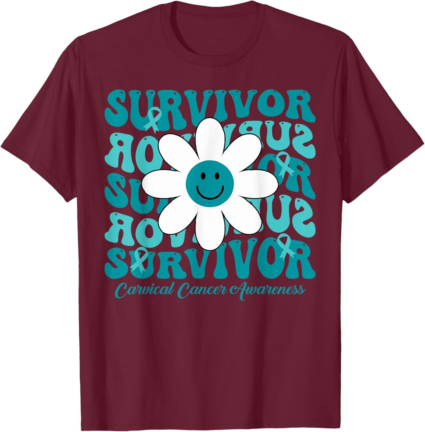 Groovy Flower Survivor Cervical Cancer Awareness T-Shirt - T-Shirt | Maroon