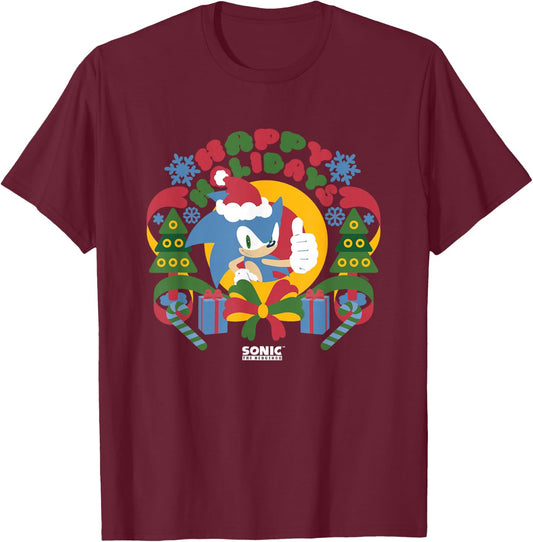 Sonic The Hedgehog Christmas Happy Holidays Vintage Logo T-Shirt - T-Shirt | Maroon