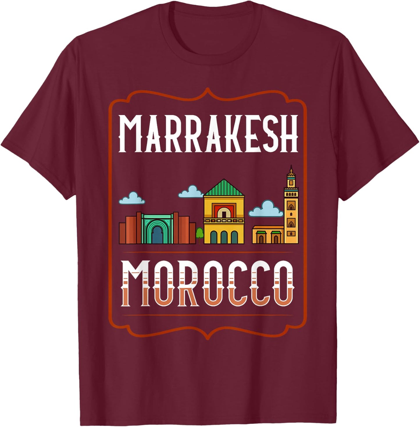 Marrakesh Morocco City Skyline Map Travel T-Shirt - T-Shirt | Maroon